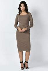 Exude Pinnacle Padded Shoulder Sheath Dress (Camel Beige)